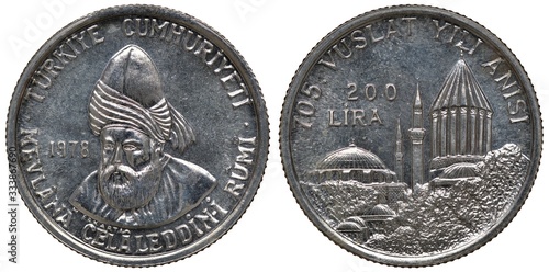 Turkey Turkish silver coin 200 two hundred lira 1978, subject 705 Anniversary – Death of Persian poet, faqih and theologian Jalaladdin Muhammad Rumi, bust 1/4 left, mosques and minarets,