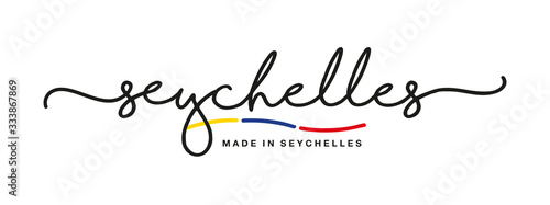 Made in Seychelles handwritten calligraphic lettering logo sticker flag ribbon banner