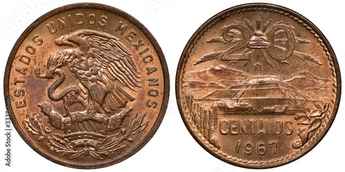 Mexico Mexican coin 20 twenty centavos 1967, eagle on cactus with snake in beak, Pyramid of the Sun in front of volcanoes Ixtaccihuatl and Popocatepetl, liberty cap divides denomination above,