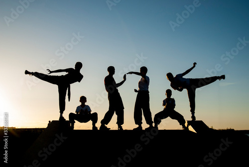 kung fu warriors train against sunset sky
