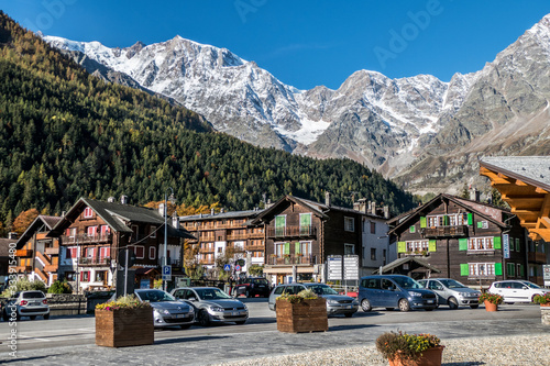 Main square of Macugnaga with Monte Rosa in the background