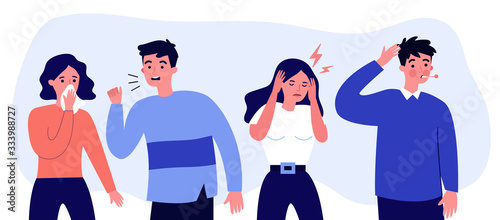 Young people suffering from flu symptoms flat vector illustration. Cartoon infographic person sneezing and coughing. Sad woman with headache. Healthcare and sickness concept.