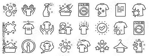 Dryer, Washing machine and dirt shirt. Laundry line icons. Laundromat, hand washing, soap bubbles in basin icons. Dry t-shirt, laundry service, dirty smudge spot. Clean clothes. Vector