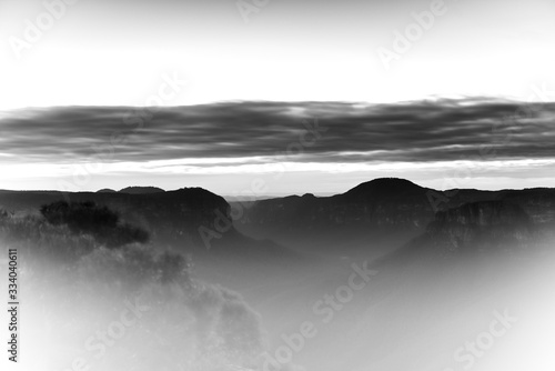 Black and white photo of the Hanging Rock Lookout, Blue Mountains, Australia
