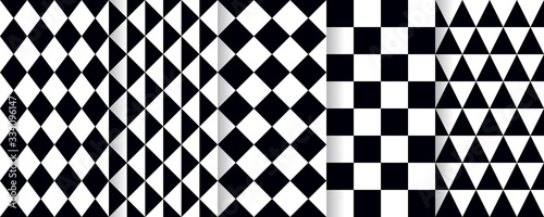 Harlequin seamless pattern. Vector. Black white background with rhombuses, triangles and plaid. Circus grid tile texture. Diamond print. Geometric illustration.