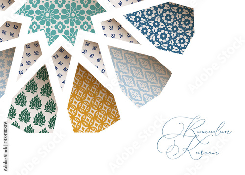 Close-up of colorful ornamental Morroccan tiles through white arab star shape pattern. Greeting card, invitation for Muslim holiday Ramadan Kareem, vector illustration bacground, web banner design.