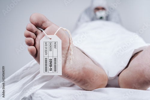  Deceased's data on sign attached to a big toe. Feets of a dead body, with an identification tag. Covered with a white sheet. Coronavirus victim.