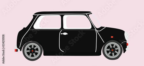 Black mini car vector. Small sedan car hand drawn isolated illustration. Elegant British car design. Modern trendy vehicle. Side view. 