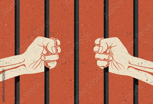 Behind the bars. Two hands arms holding the bars. Imprisonment, deprivation of liberty concept. Vintage styled vector illustration