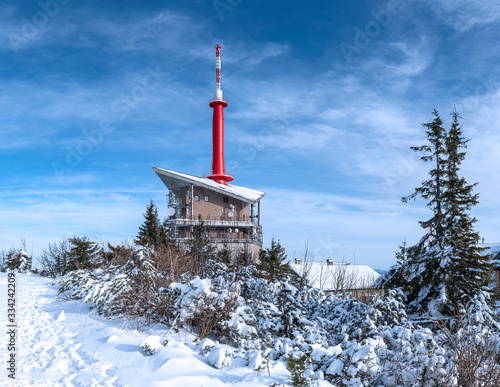 Lysa hora peak with tv transmitter in winter time, Czech Republic