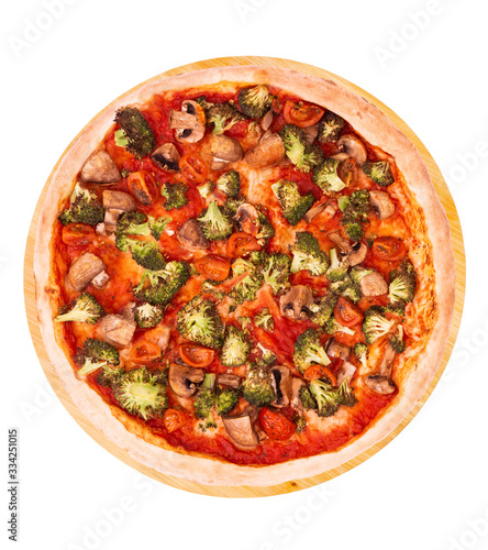 Pizza with veggie vegetables top view, on bamboo bottom isolate