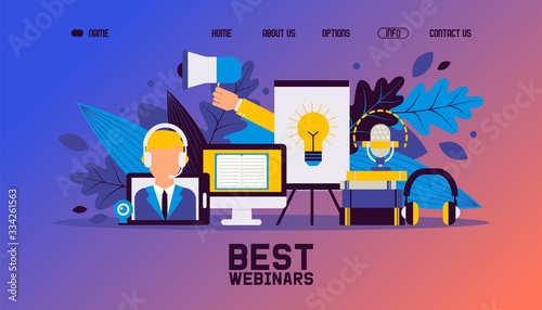 Webinar multicasting, business professional broadcast, flat vector illustration. Landing page, online education, internet. Contact, about us, home, options, info button Website design template