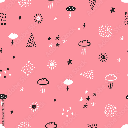 Hand Drawn Doodle Abstract Vector Seamless Pattern for kids. Rain Clouds with Lightning, Sun and Stars. Space Sky Background