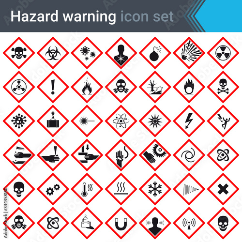 Hazard warning signs on red squares. Set of signs warning about danger. 42 high quality hazard symbols and elements. Danger icons. Vector illustration.
