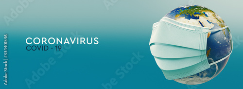 High resolution banner Coronavirus. Earth planet in medical protective mask. Dangerous asian ncov corona virus. Text on teal background. 3d rendering