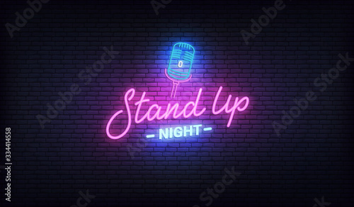 Stand up comedy neon template. Stand up lettering and glowing neon microphone