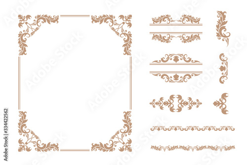 Set of various luxury vintage ornament frame and decorative classical delimiter vector flat illustration. Collection of different elegance golden divided and border shape isolated on white background