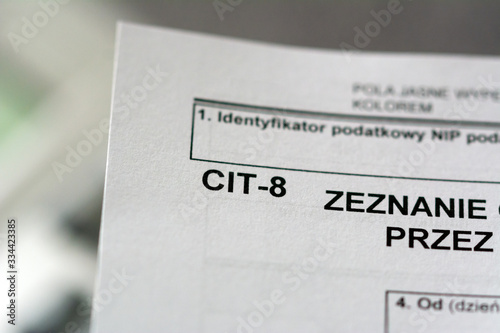 Income polish tax form CIT. Annual financial report on a sheet of paper. Polish accounting and tax regulation