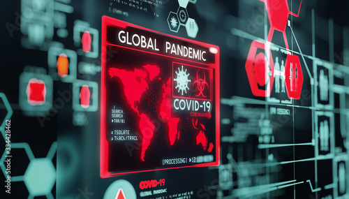 Covid-19 coronavirus, data visualization of the virus as it turns into a global pandemic. 3D illustration.