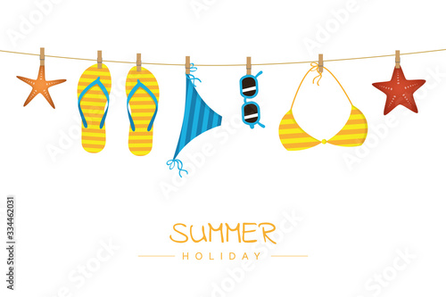 summer holiday striped flip flops bikini and sunglasses hang on a rope vector illustration EPS10