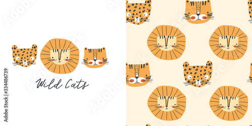 Wild cats. T-shirt design and seamless pattern for kids