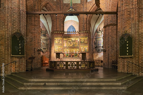 Altar of St. Mary's Church in Helsingborg, Sweden. The polyptych altarpiece was created in the 15th century. It depicts scenes from the life of Jesus and Virgin Mary.