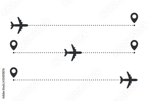 Airplane line path route. Start, middle and end of flight. Vector icon