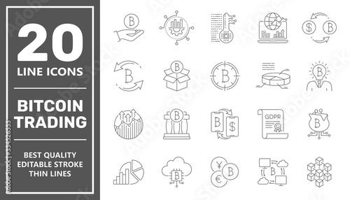 Bitcoin trading icons. Digital money, bitcoin vector line icons, minimal pictogram design, Editable Stroke. EPS 10.