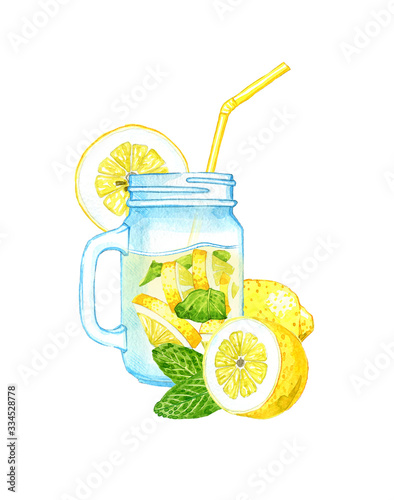 hand drawn watercolor lemon lemonade on a white background