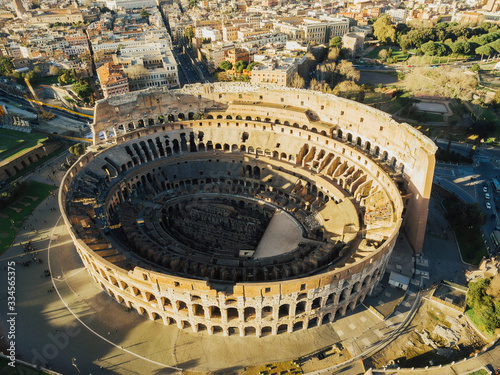 ROME, ITALY, MARCH 01, 2017- Aerial view of Colosseum or Coliseum amphitheatre in Rome, Italy. Aerial flying a drone over the Colosseum. Flavian Amphitheatre or Colosseum oval amphitheatre centre.