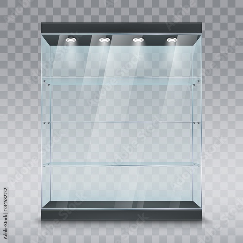 Glass showcase or display cabinet realistic vector mockup of shop or museum stand with glass shelves and spotlights on transparent background. Retail store, supermarket or exhibition furniture design