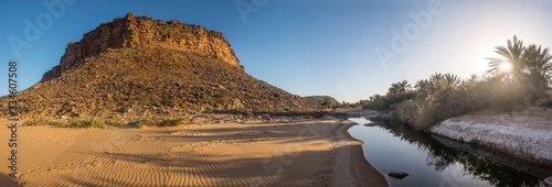Panoramic View of Oasis with Mountain in the Desert of Mauritania near Atar