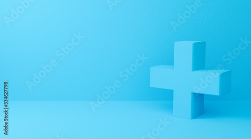 3D rendering of plus symbol on blue abstract background.