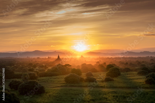 Sunset landscape view with silhouettes of old Bagan temples, at Bagan Archaeological Zone Bagan Mandalay Myanmar (Burma)