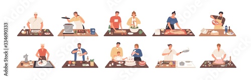 Smiling people cooking on kitchen table set vector flat illustration. Collection of various cartoon man, woman, couple and family preparing food isolated on white. Colorful person meal preparation