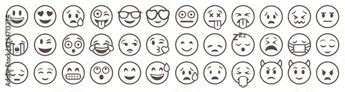 Emoticons set. Emoji faces collection. Emojis flat style. Happy and sad emoji. Line smiley face - stock vector