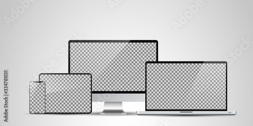 Realistic Computer, Laptop, Tablet and Mobile Phone with Transparent Wallpaper Screen Isolated. Set of Device Mockup Separate Groups and Layers. Easily Editable Vector.
