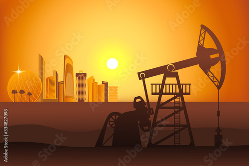 Oil well in the desert near Abu-Dhabi. Petroleum pumpjack vector illustration.