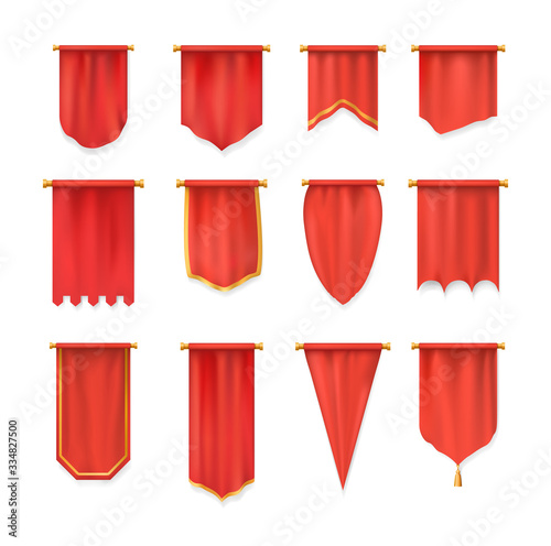 Realistic red pennant textile flag, heraldic template. Wall pennat mockup.