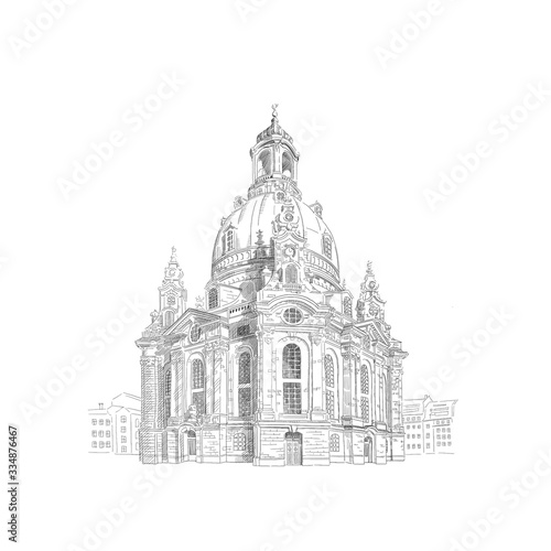 Frauenkirche, Church of our Lady in Dresden, Germany. Black and white drawing sketch. Illustration.