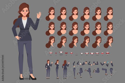 Cartoon character with business woman in casual wear for animation. Front, side, behaviour character. Separate parts of body. Flat vector illustration.