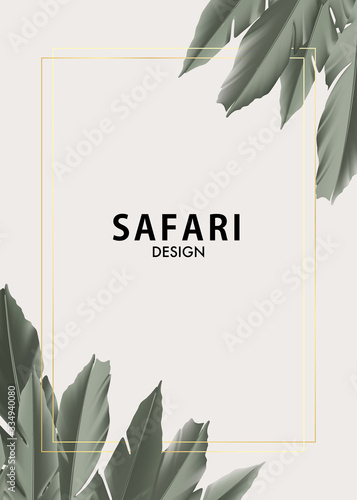 Floral motifs palm tree jungle safari design with luxury gold foil frame template in vector. Vintage khaki wallpaper, poster, forest decoration with foliage plant. Vip boho banner template