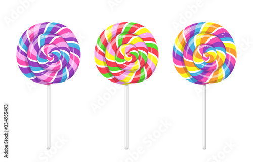 Lollipop with spiral rainbow colors, twisted sucker candy on stick. Vector cartoon set of round candies with striped swirls. Hard sugar caramel, lollypop isolated on white background