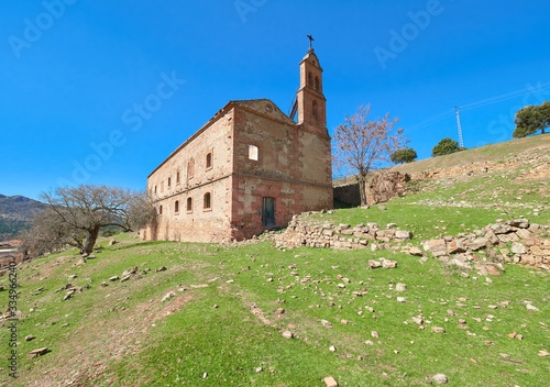 Landscape view of the abandoned mining town of Minas del Horcajo with the ruins of the San Juan Bautista church in the foreground, Almodovar del Campo, Ciudad Real province, Castilla la Mancha, Spain