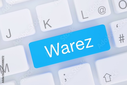 Warez. Computer Tastatur von oben zeigt Taste mit Wort hervorgehoben. Software, Internet, Programm