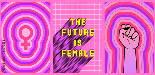 Set of 3 feminist posters "The Future is female", raised fist and Venus symbol. Vector illustrations. Girl power card concepts. 