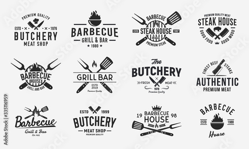 Vintage logo set for Meat Restaurants. Hipster barbecue emblems. Restaurant labels, emblems, logo. Logo template for bbq. steakhouse, butcher, grill bar. Vector illustration