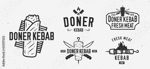 Vector Doner Kebab logo set. 5 Vintage Kebab restaurants emblems. Fast food labels, emblems, logo. Kebab, meat store, restaurant, kebab cafe. Shashlik Logo template.