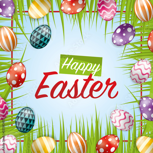 Vector Illustration of Happy Easter Holiday with Painted Eggs and Grass on Colorful Background. International Spring Celebration Design with Typography for Greeting Card, Party Invitation