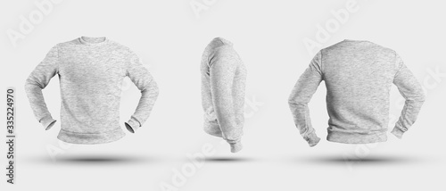 Template white texture heather isolated on background, male pullover 3D rendering, side view, front, back.